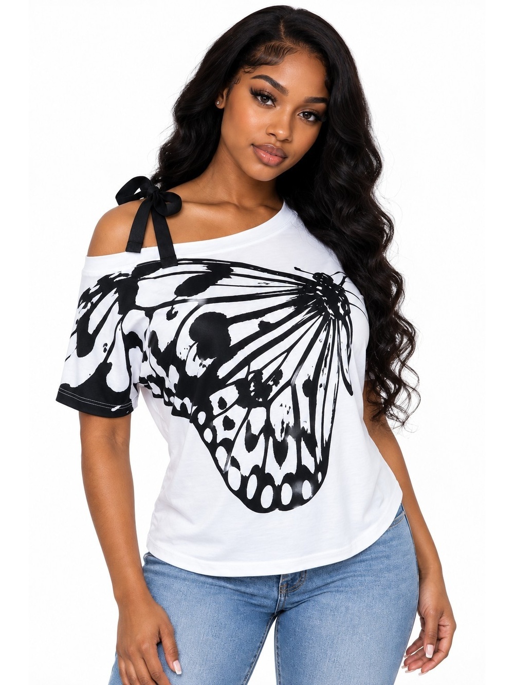 White Butterfly Graphic One Shoulder T-Shirt Black Print Ribbon Tie Short Sleeve